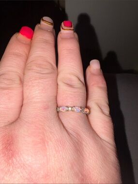 Solid Silver Natural Opal and Diamond Accent Silver Band Ring - Pink Opal